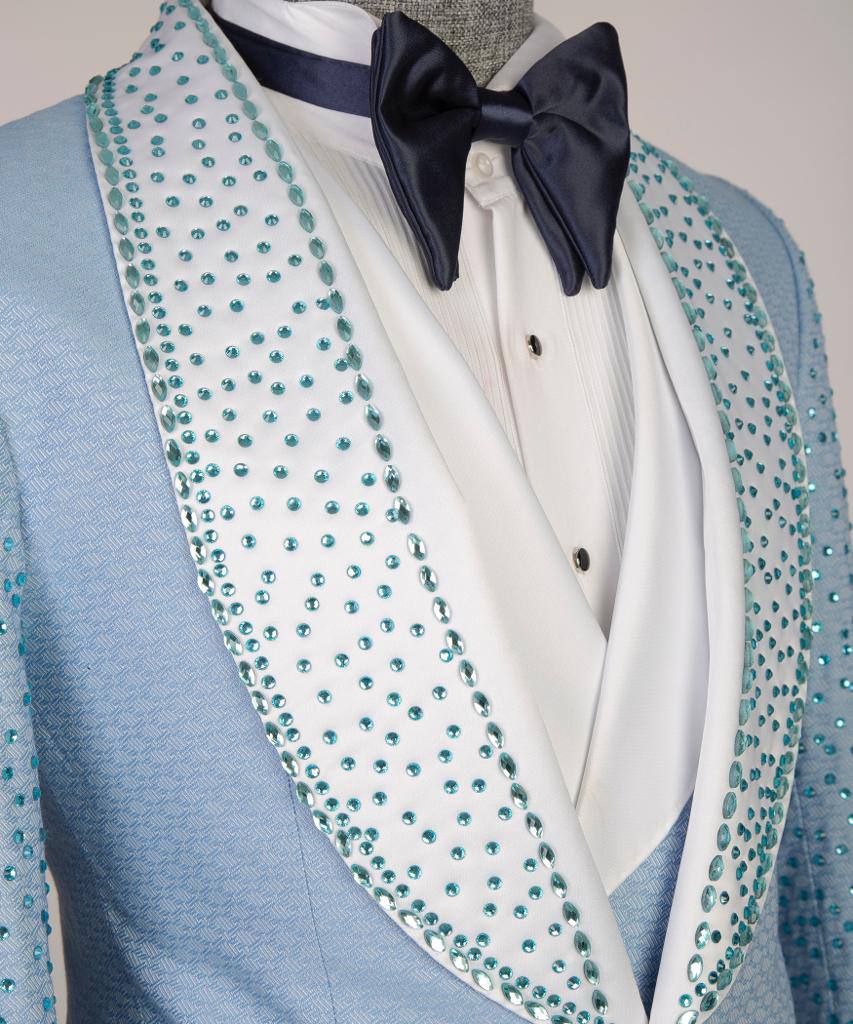 3 pièces Stone Designed_Tuxedo pour homme, Brillant, Bleu, Costume, Costume, Perlé