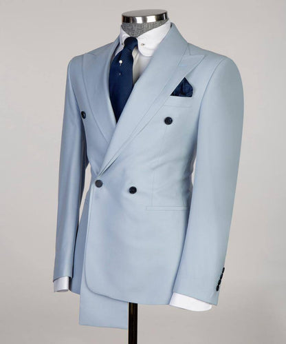 Shawl Design Double Breasted Light Blue Suit