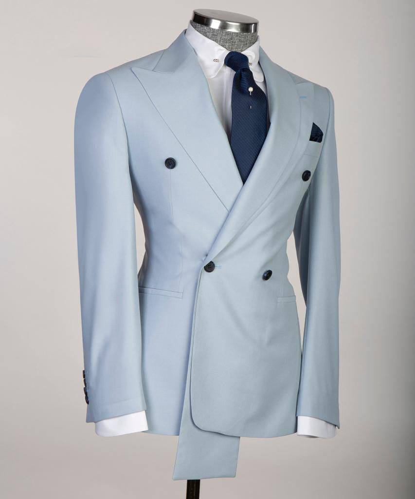 Shawl Design Double Breasted Light Blue Suit