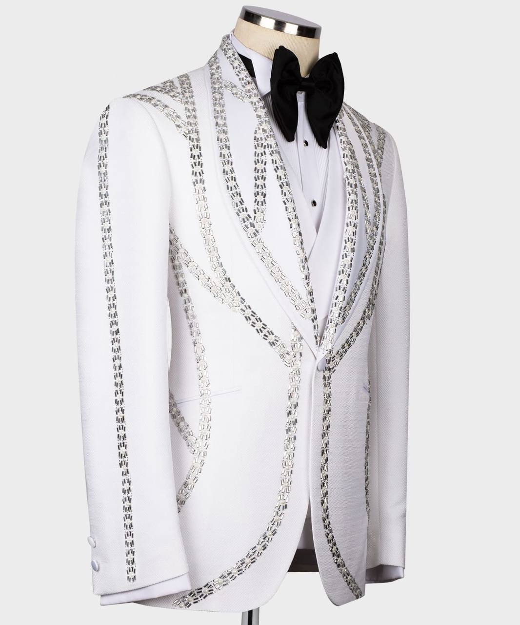 Men's White Tuxedo, Silver Gem Stoned