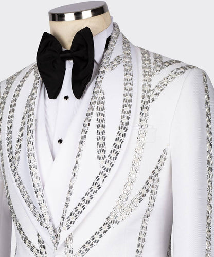 Men's White Tuxedo, Silver Gem Stoned