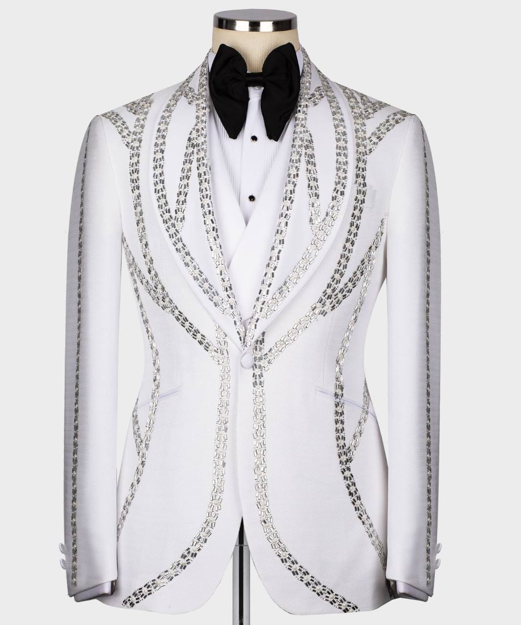 Men's White Tuxedo, Silver Gem Stoned