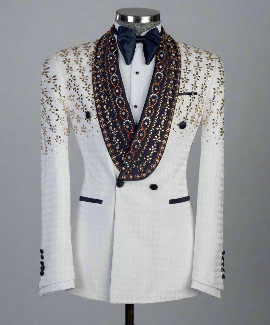 Exclusive White Tuxedo,2 Piece, Beaded, Stone Stitched