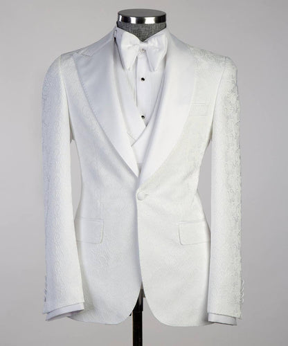 Men's White Patterned Tuxedo-Asymmetrical Satin Lapel