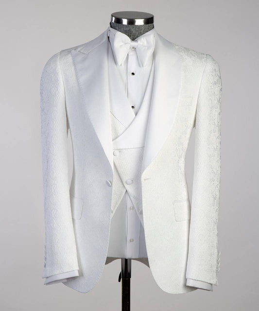 Men's White Patterned Tuxedo-Asymmetrical Satin Lapel