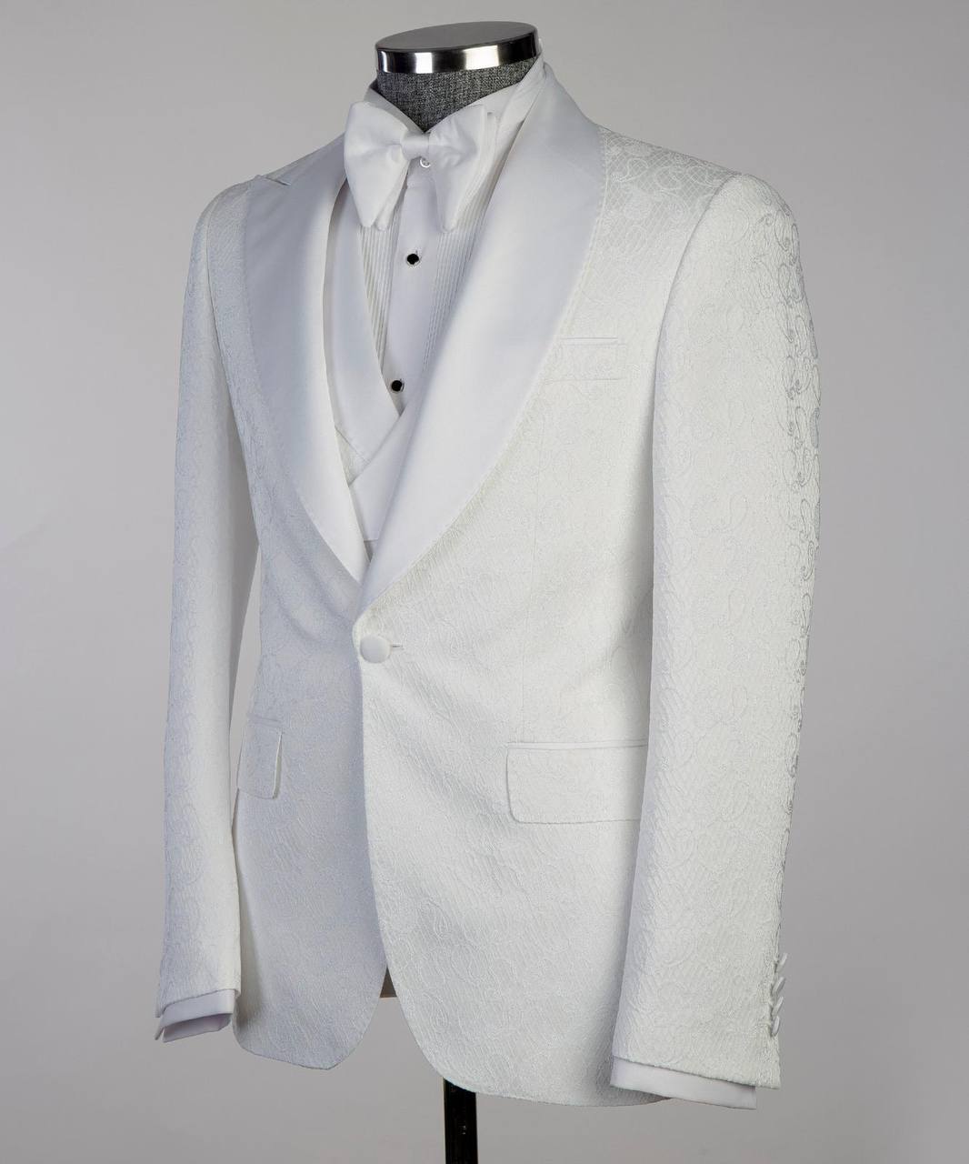 Men's White Patterned Tuxedo-Asymmetrical Satin Lapel