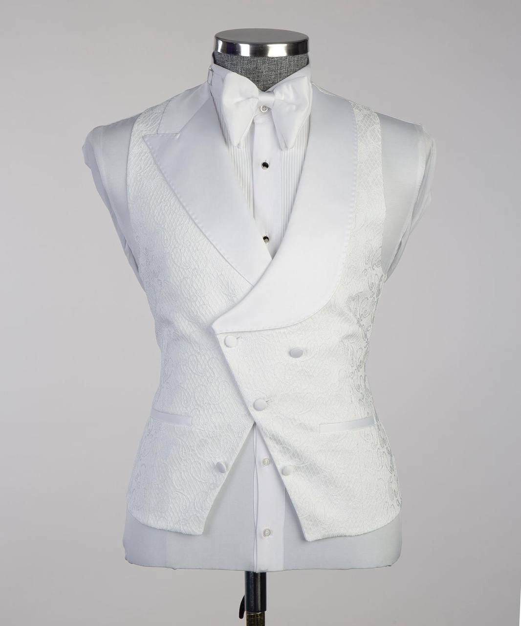 Men's White Patterned Tuxedo-Asymmetrical Satin Lapel