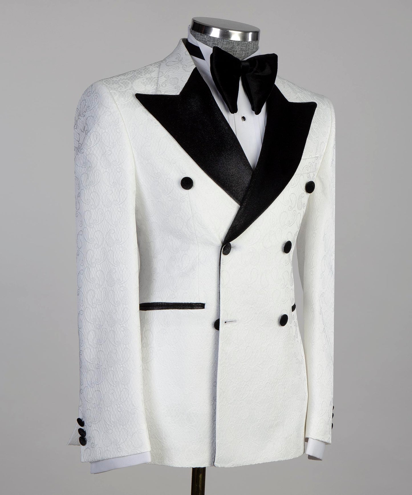 Double Breasted White Tuxedo with Black Collar