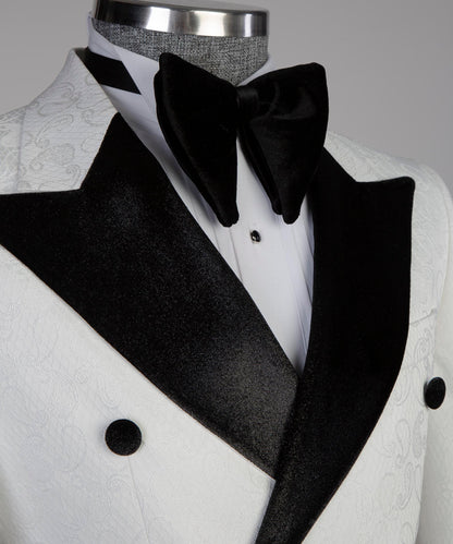 Double Breasted White Tuxedo with Black Collar