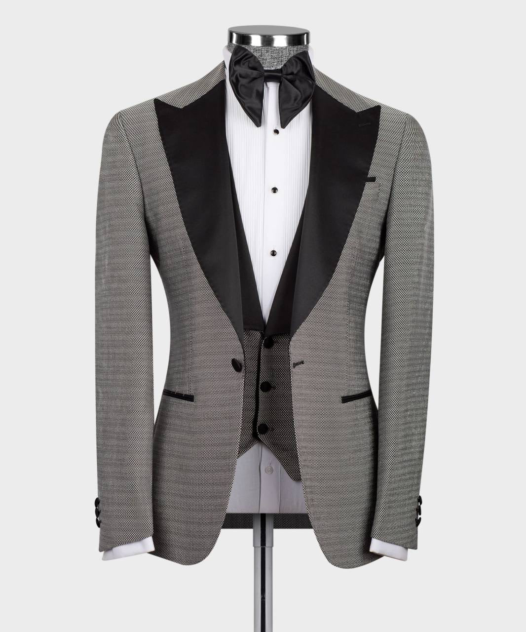 Men's 3 Piece Grey Tuxedo Black Satin Lapel