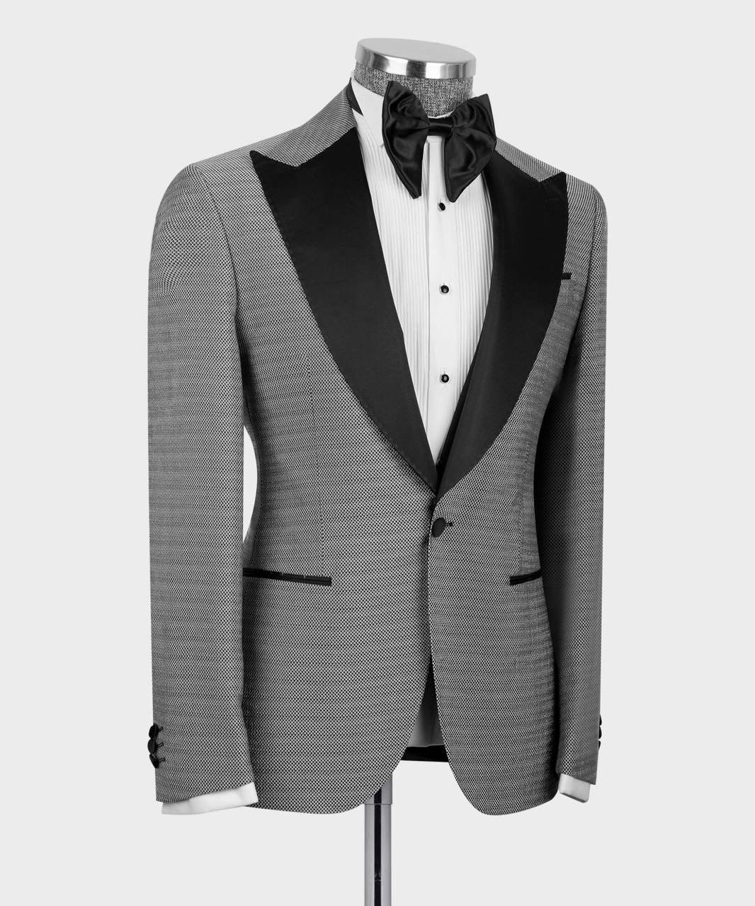 Men's 3 Piece Grey Tuxedo Black Satin Lapel