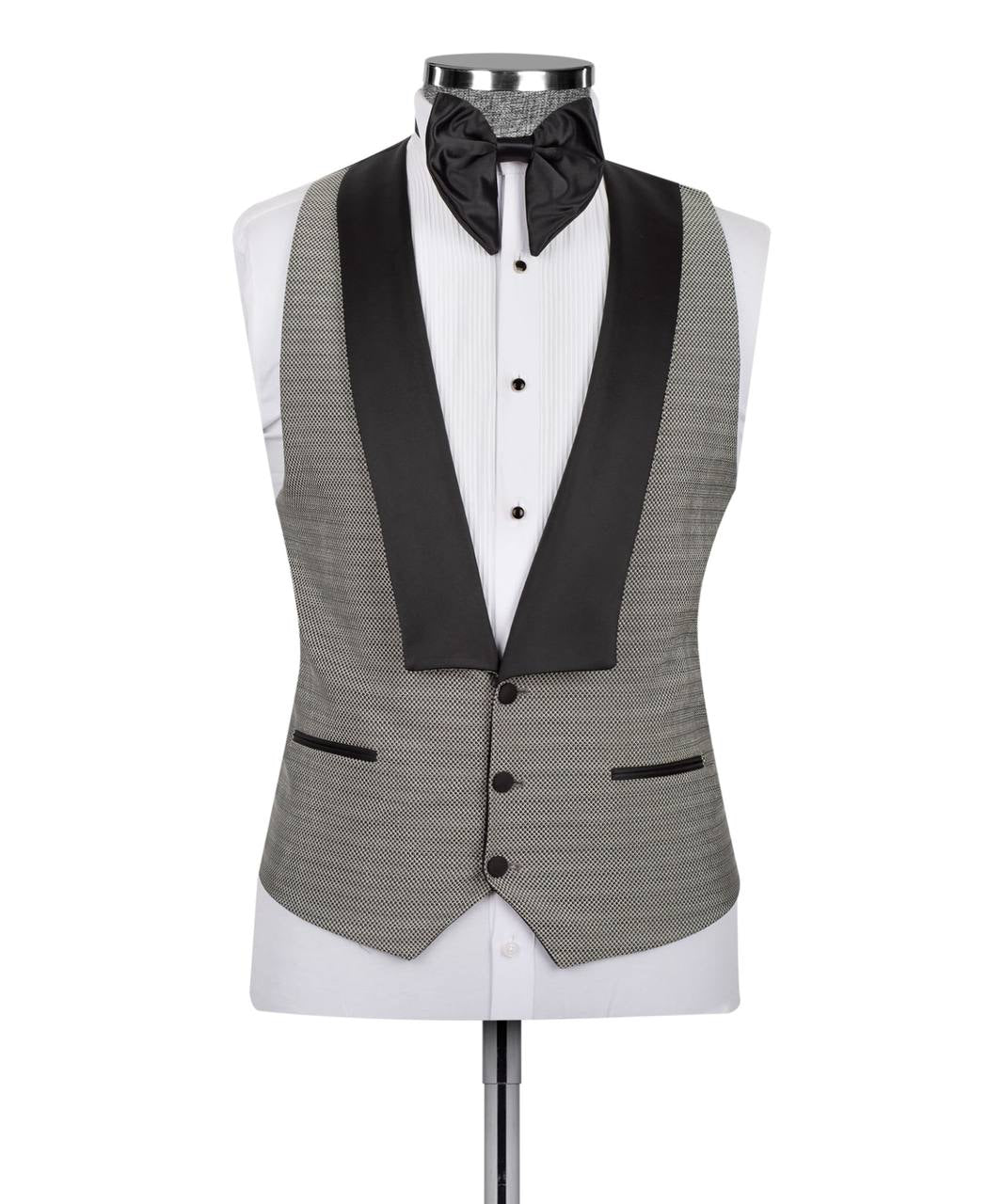 Men's 3 Piece Grey Tuxedo Black Satin Lapel