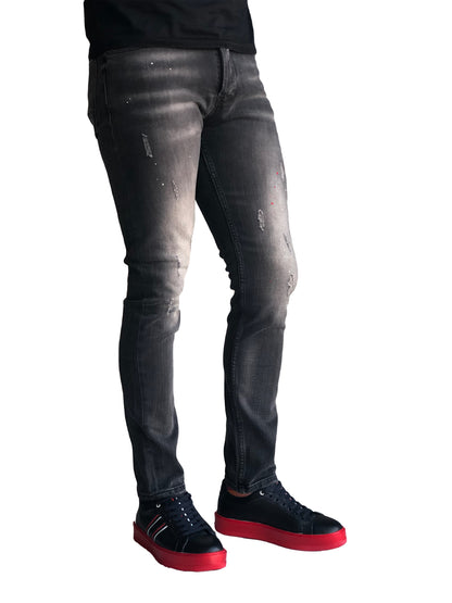 Slim Fit Mens Jeans Paint Comfortable Cotton Black 7187