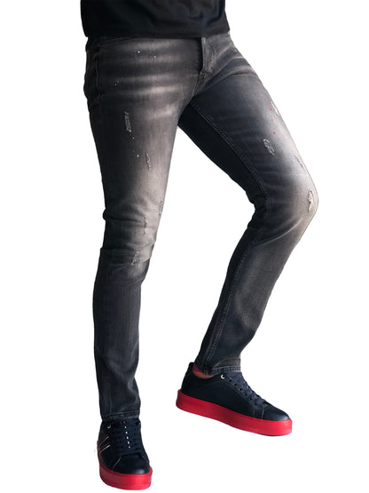 Slim Fit Mens Jeans Paint Comfortable Cotton Black 7187