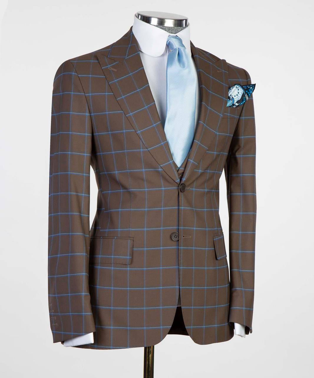 Men's 3 Piece Plaid Single Breasted Brown/Blue Suit