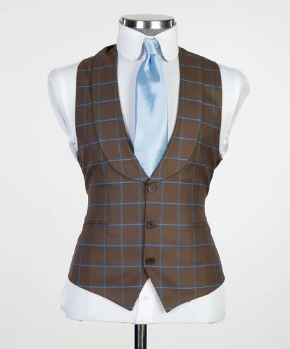 Men's 3 Piece Plaid Single Breasted Brown/Blue Suit