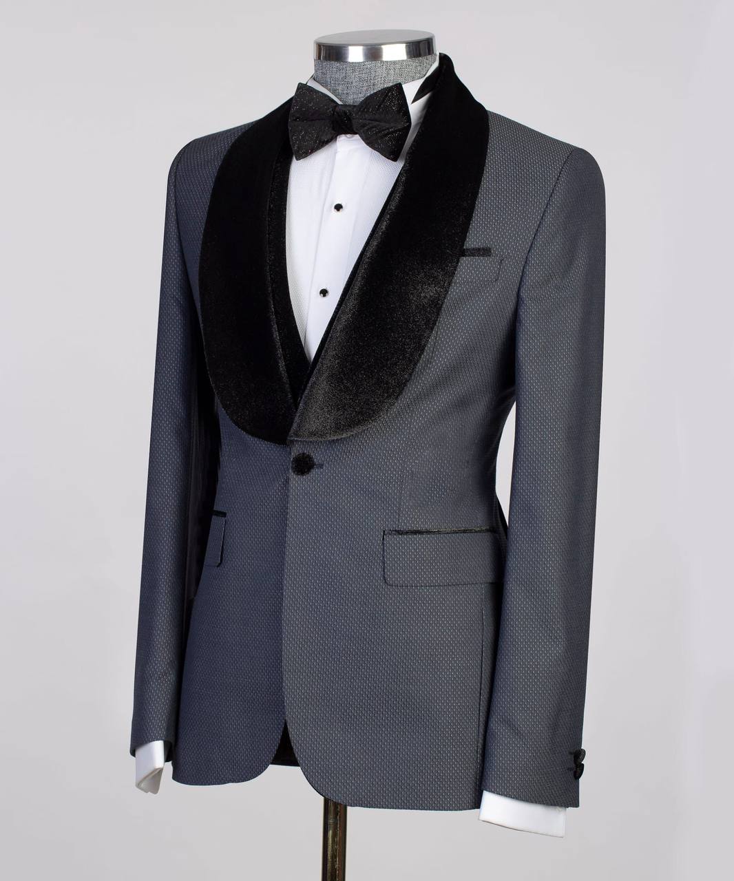 Men's 3 Piece Grey Tuxedo, Suit, Velvet Shawl Lapel, Costume