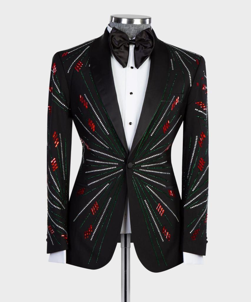 Men's 2 Piece Black Tuxedo, Costume, Silver/Red Stoned