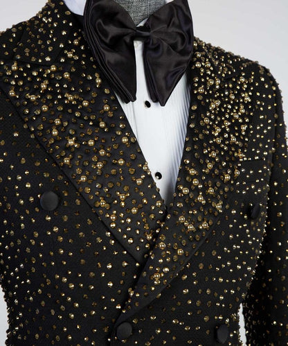 Men's 2 Piece Double Breasted Black Tuxedo Golden Stoned