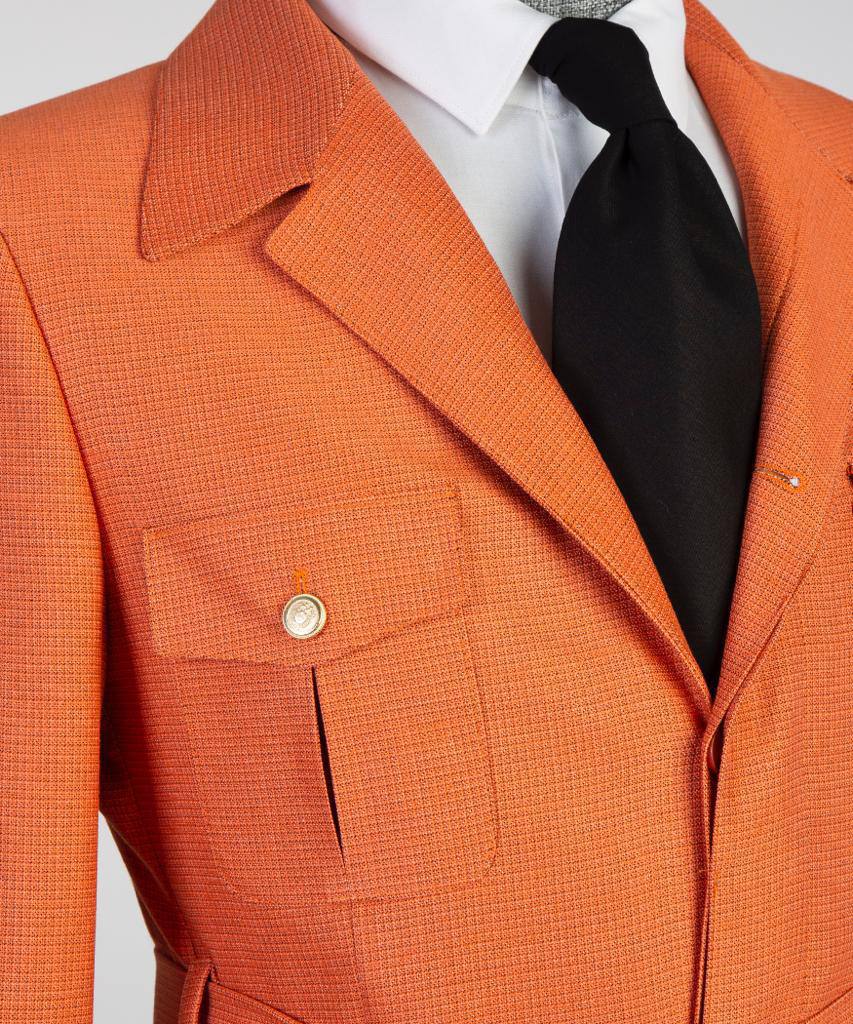 Men's 2 Piece Suit, Orange, Belted Design, Costume, Blazer with Pockets