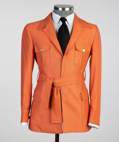Men's 2 Piece Suit, Orange, Belted Design, Costume, Blazer with Pockets