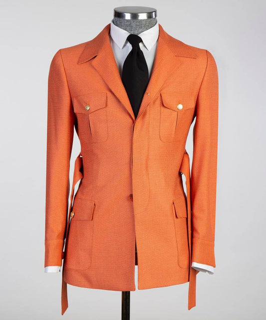 Costume 2 pièces pour hommes, orange, design ceinturé, costume, blazer avec poches 