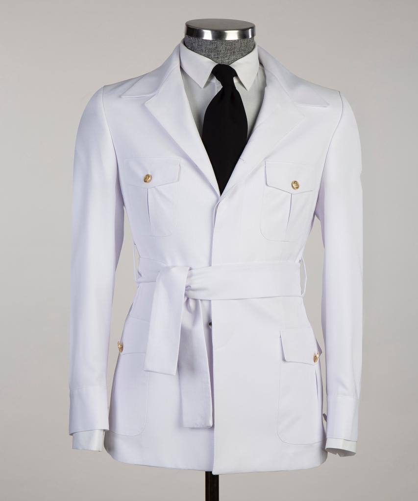 Men's 2 Piece Suit, White, Belted Design, Costume, Blazer with Pockets