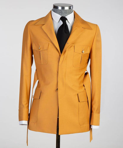 Men's 2 Piece Suit, Yellow, Belted Design, Costume, Blazer with Pockets