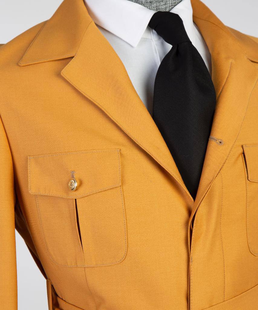 Men's 2 Piece Suit, Yellow, Belted Design, Costume, Blazer with Pockets