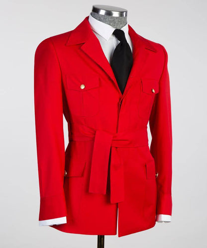 Men's 2 Piece Suit, Red, Belted Design, Costume, Blazer with Pockets