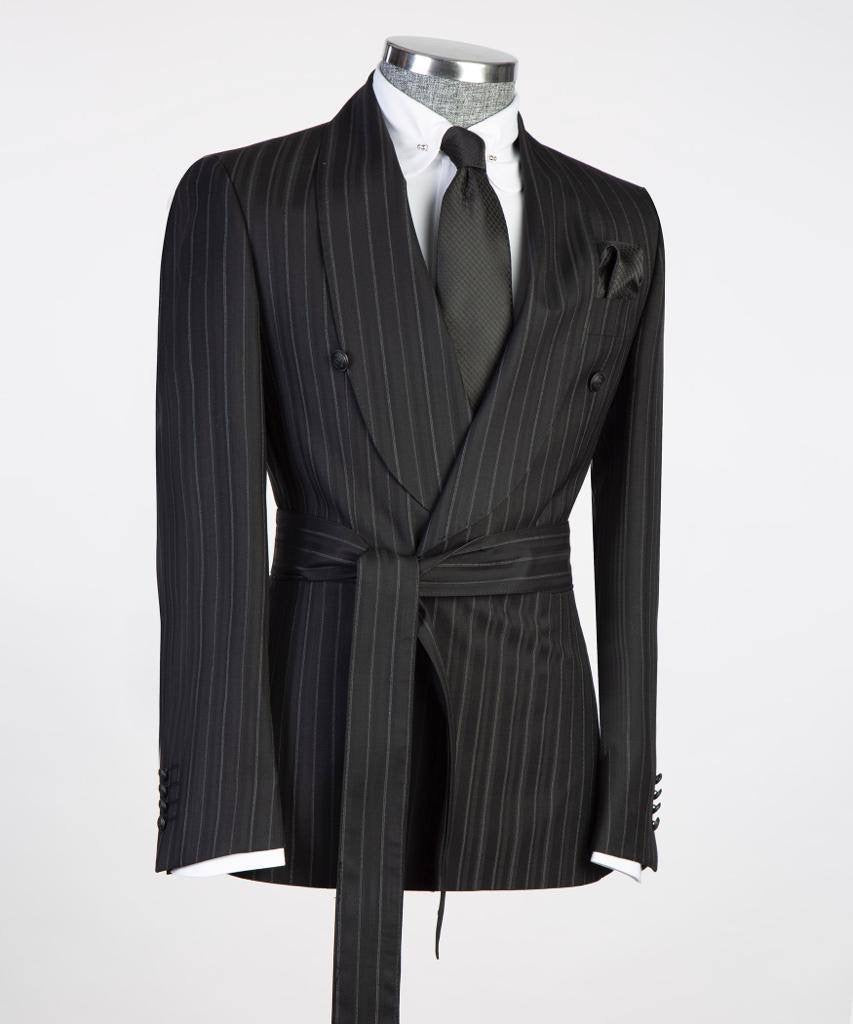 Costume 2 pièces pour homme, rayé noir/gris, design ceinturé, déguisement 