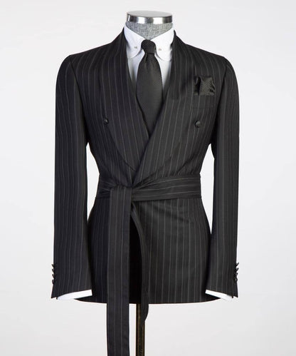 Costume 2 pièces pour homme, rayé noir/gris, design ceinturé, déguisement 