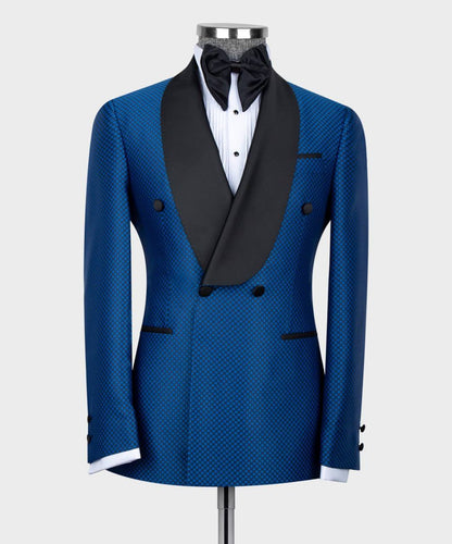 Smoking croisé 2 pièces pour homme, costume, bleu, revers châle, look élégant, idéal pour mariage, fêtes, bal, célébrations