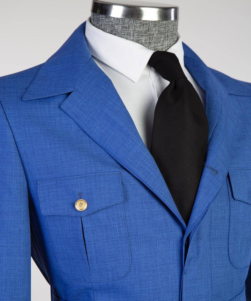 Men's 2 Piece Suit, Blue, Belted Design, Costume, Blazer with Pockets