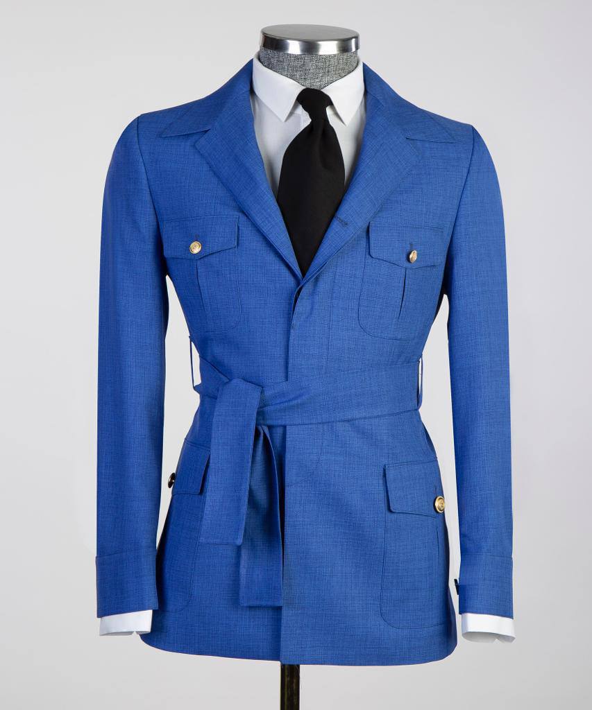 Men's 2 Piece Suit, Blue, Belted Design, Costume, Blazer with Pockets