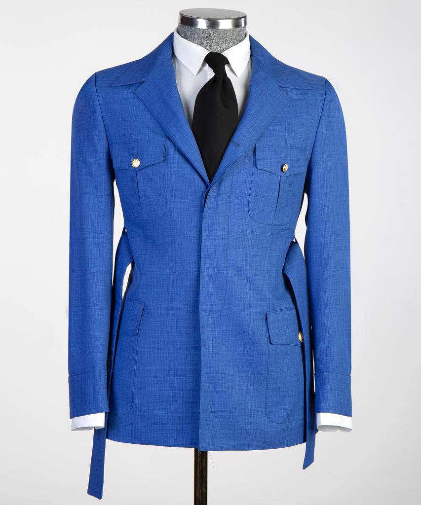 Men's 2 Piece Suit, Blue, Belted Design, Costume, Blazer with Pockets