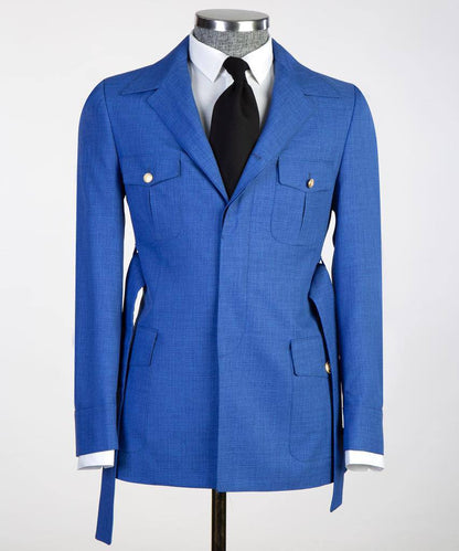 Men's 2 Piece Suit, Blue, Belted Design, Costume, Blazer with Pockets