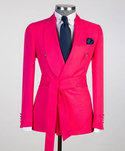 Men's 2 Piece Suit, Coral, Fuchsia, Belted Design, Costume