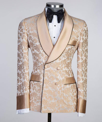 Men's 3 Piece Double Breasted Milky Brown Lace Designed Tuxedo