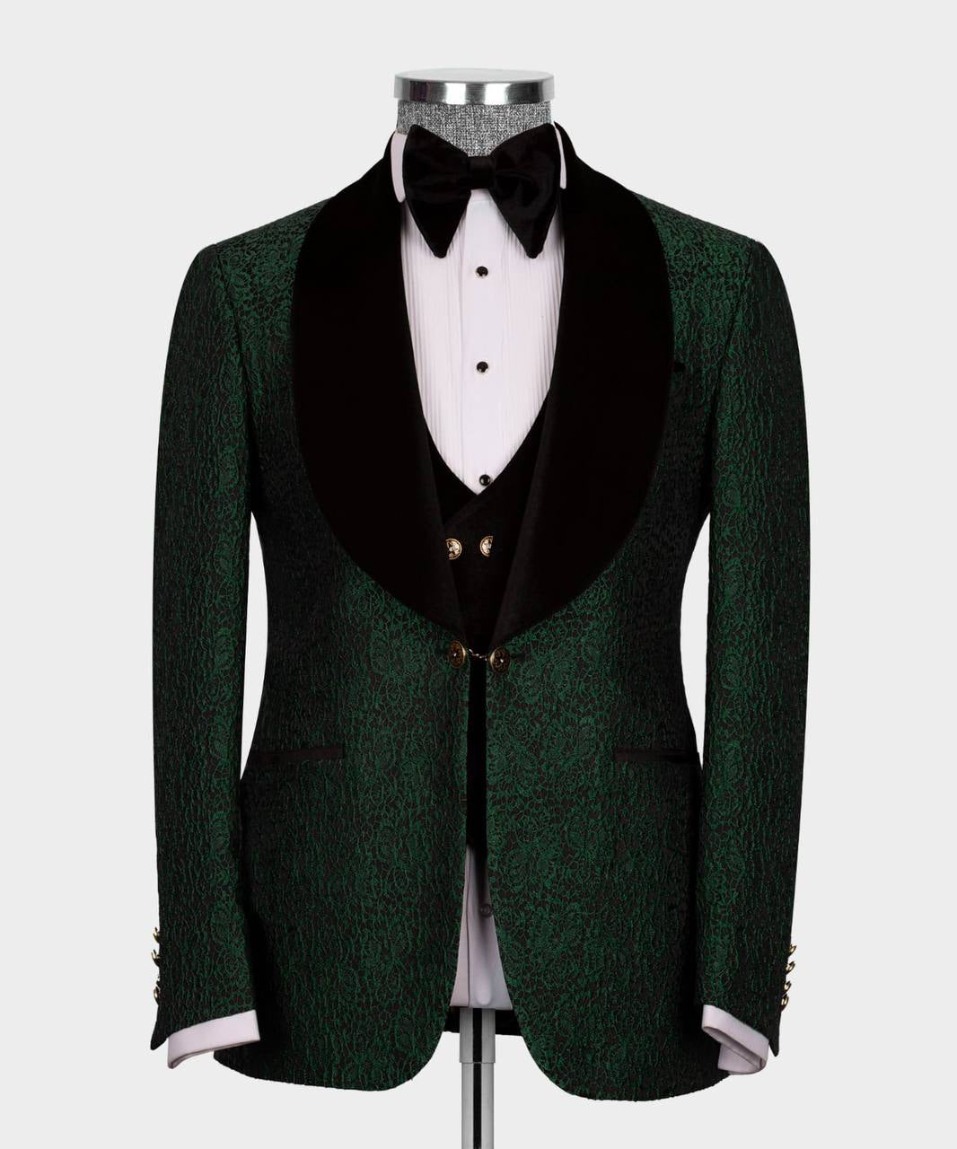 Smoking pour homme 3 pi ces brillant vert col noir velours