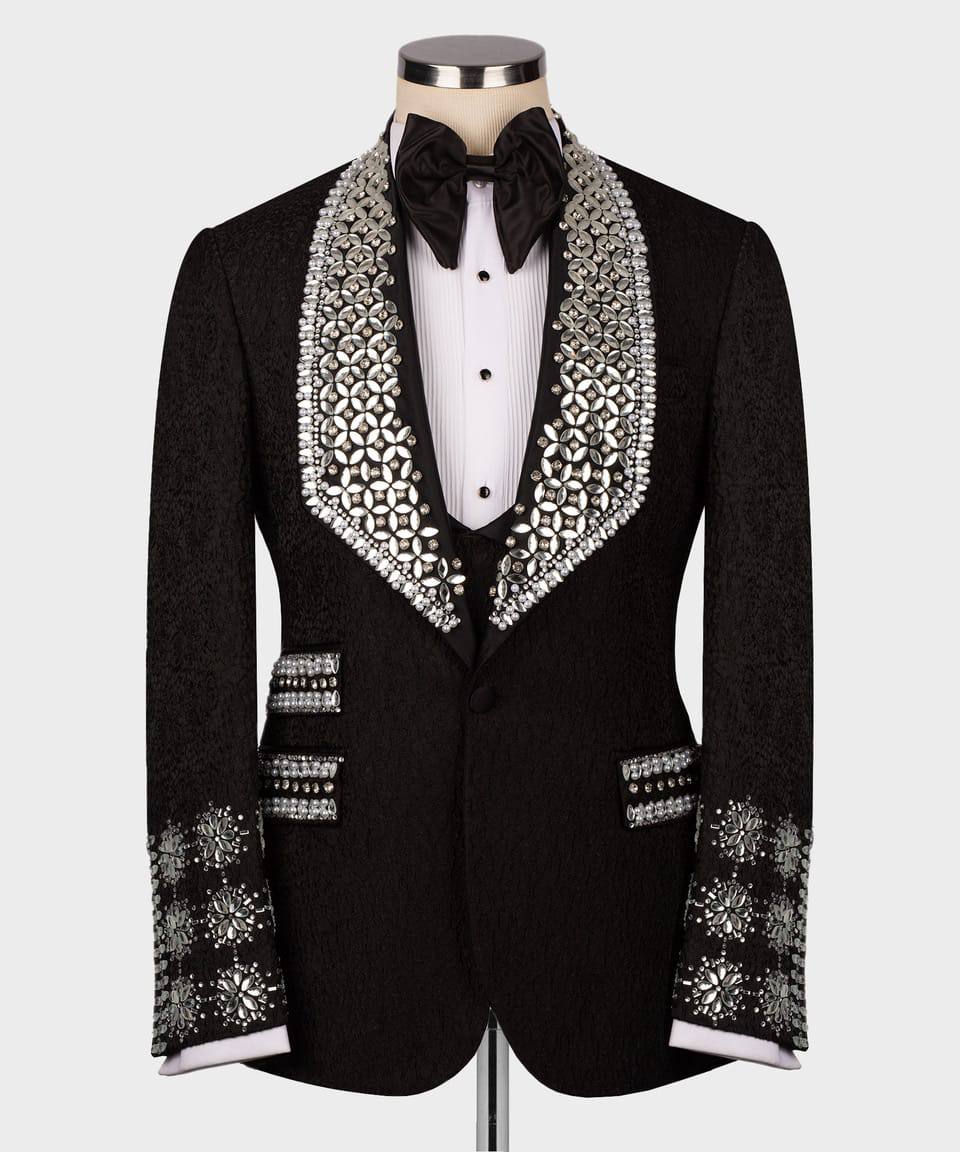 Men's 3 Piece Stone Stitched Black/Silver Tuxedo