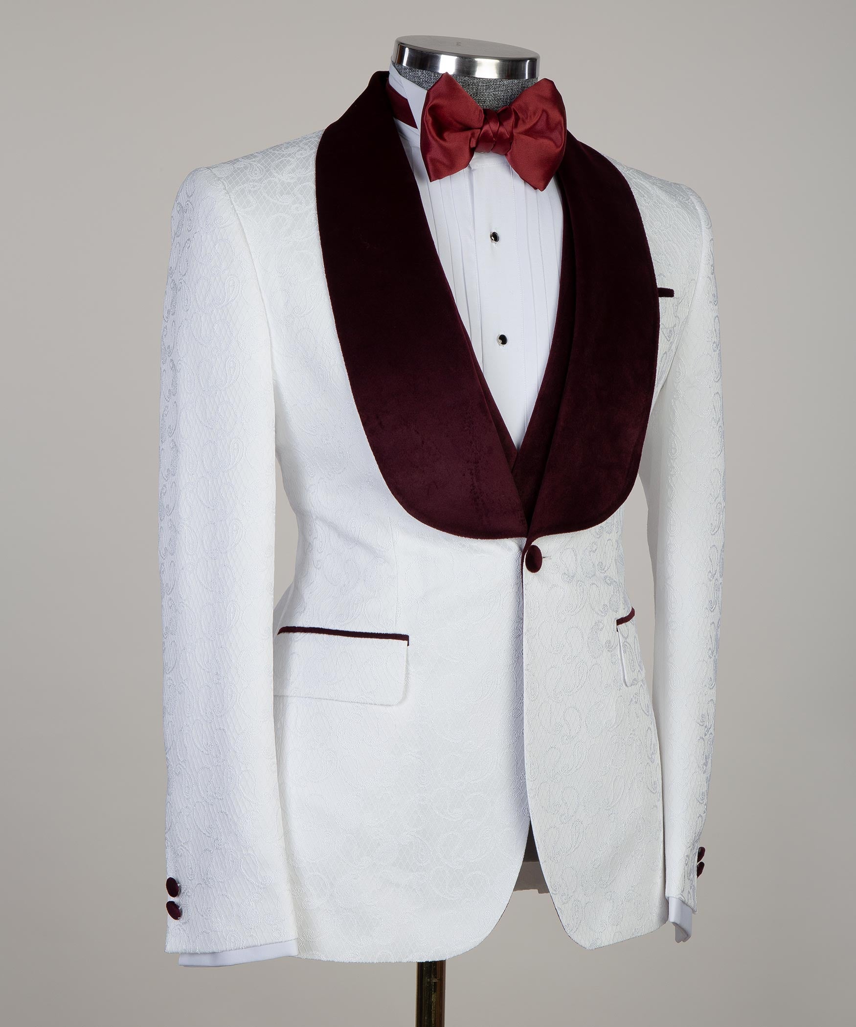 White tuxedo with deals red lapel